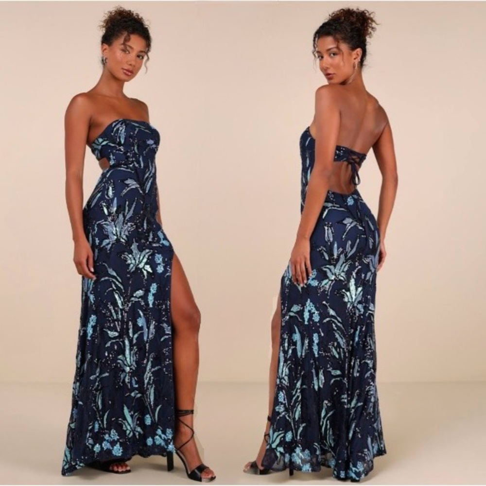 Lulu's Navy Strapless Floral Cutout Maxi Dress with Light Blue Print